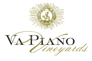 A green background with the words la piano vineyard in gold.