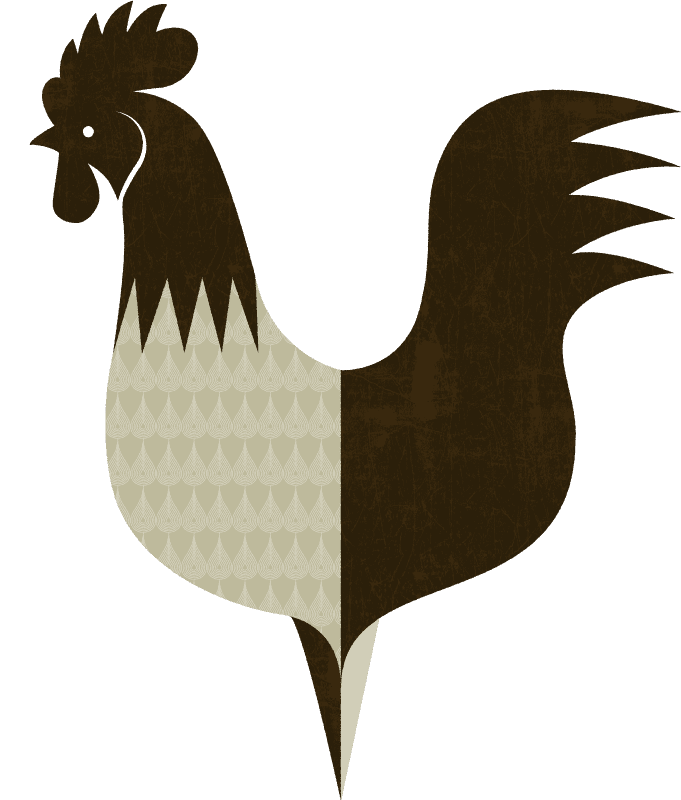 Stylized rooster silhouette on black background.